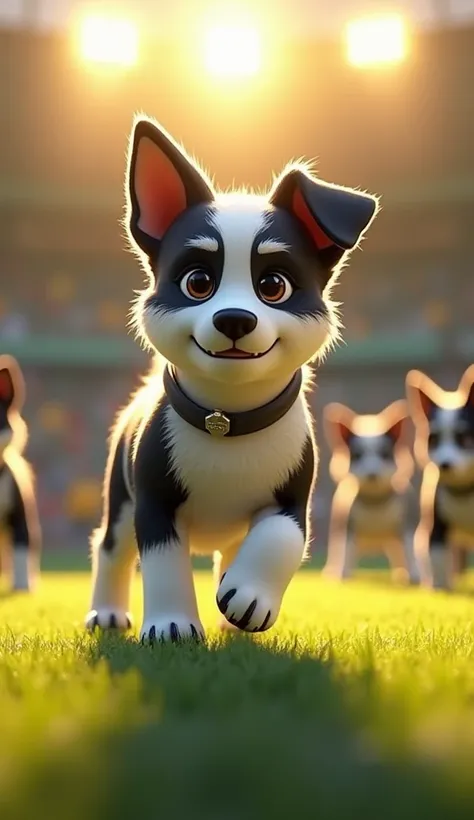 Pawsaldo, a medium-sized dog with a shiny, flowing coat and distinctive black-and-white markings, facing off against a rival dogs football team, looking fierce and determined, with his unique coat shining under the stadium lights, while the rival team has ...