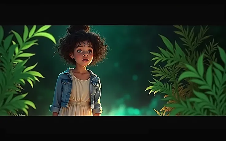 A 2 mixed race girl with curly hair, bun, falling hair, bprose dress and denim jacket sings with a backdrop of green light and foliage. 