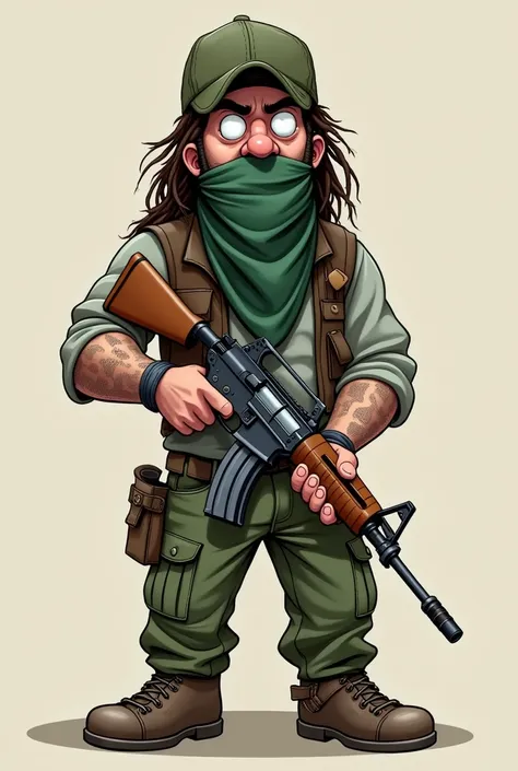 Caucasian white man, white skin tone, dreads, cap, baseball shirt, green cargo pants, green bandana mask, holding fusil; realistic cartoon 