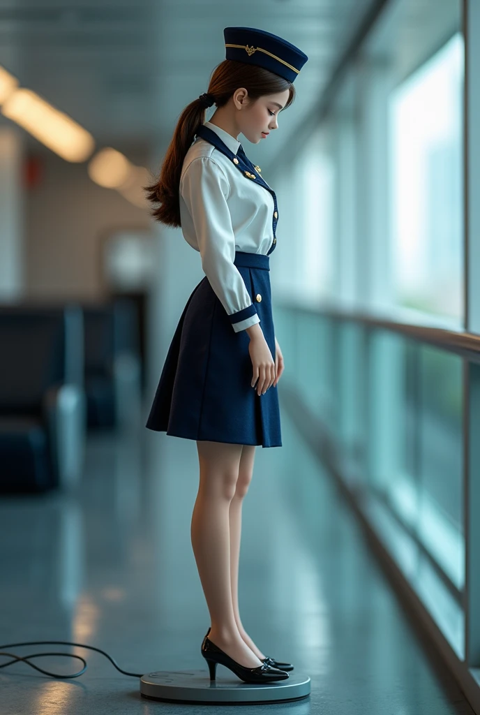 Life-size doll of a young woman,Beautiful Face,Wearing a cabin attendant outfit,Standing on a charging station,connected by cable,Eyes closed, head bowed