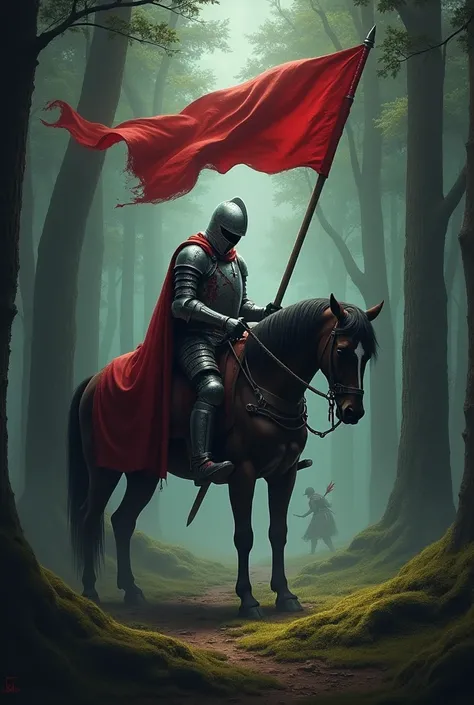 A lone knight in the forest with a red flag who is wounded and his horse has been shot by an arrow