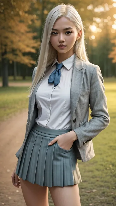 1girl in, age19, Solo, Aesthetic artwork, platinum blonde hair, long straight hair, detailed hair, full c cup breasts, c-cup, slender body, Full body, detailed skin texture, standing in park, National park, wearing stylish grey jacket, school uniform, tied...