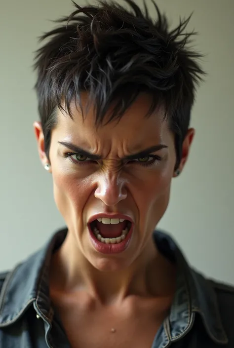 Real woman  american  pixie hair  angry 