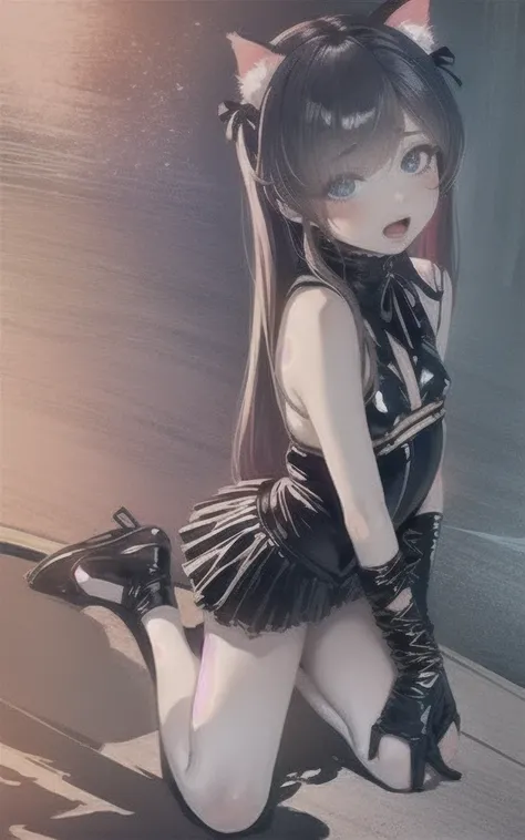 masterpiece,1girl,solo,cat ears,twintails, hair over one eye, demon_wings,small breasts, blue_eyes, blush,open mouth, low wings, torn legwear, (kneeling:1.3),bound arms, ((bondage)),shibari,rope,(arms behind back:1.4),indoors,