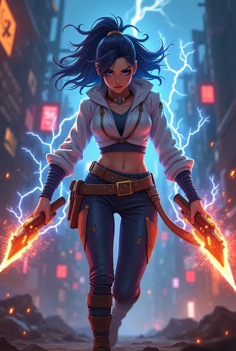 Zeri A headstrong and vivacious young woman from the working class of Zaun, Zeri channels electrical magic to charge herself and a custom weapon. Volatile power mirrors what she feels, the sparks reflecting her ultra-fast lifestyle.
