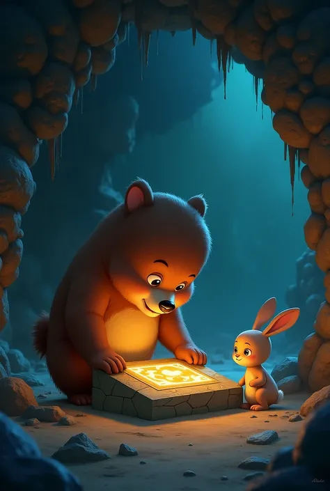 
4. Image 4: Solving the Puzzle
Inside the cave, Bhalu Bholu is focused on an ancient stone with glowing symbols. His large eyes reflect curiosity as he studies the puzzle, with the rabbit looking on nervously.

