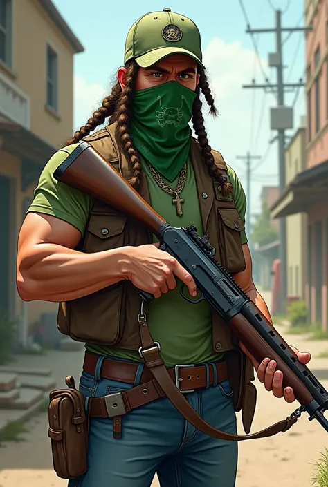 man, braids, cap, green shirt, jeans pants, green bandana mask, holding fusil; realistic cartoon 