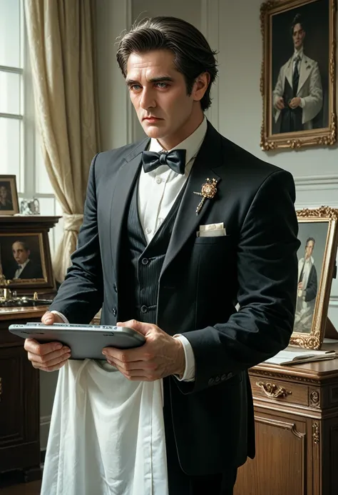 A butler dressed in a black suit holding a tablet, with a white cloth draped over one arm, giving a traditional butler appearance. The butler stands in an elegant setting, with a calm and professional demeanor. The black suit is well-fitted, and the white ...