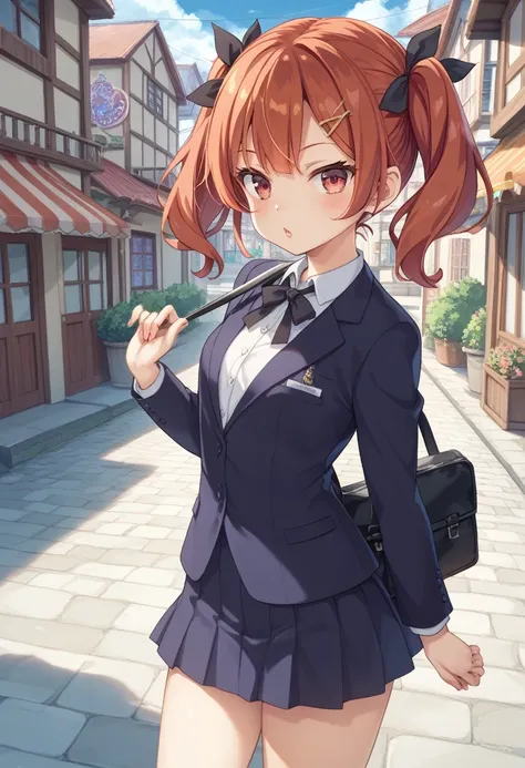 (Female A:(appearance;High short twin tails、Black ribbon hair accessory、Redhead、Shiny red eyes、Skinny、Normal chest):1.5、(clothing;business suit、Black Bag))、（action;Female Aが道を歩いている）、(background:Town、((night))＿歓楽Town）、(high quality、detailed、Cel-shaded style...