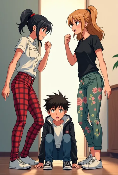 Anime teenage Girl in red Plaid pants and button up Short sleeve shirt and a Girl In Floral Pants and black t shirt angrily reprimanding a young boy in jeans and a jacket, making sit in timeout