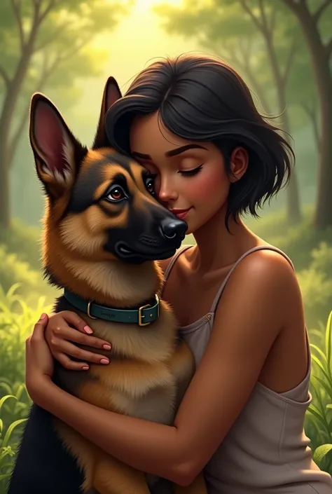 Brown Lady with short black hair hugging and cuddling a fully grown female German shepherd who has a collar named scrapy 