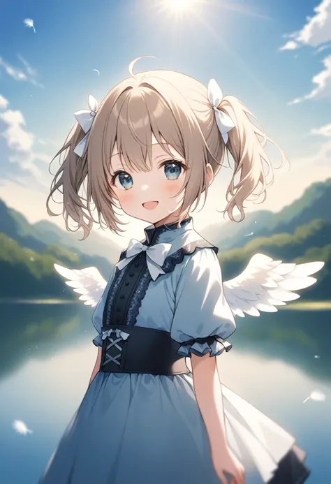 1 child girl,
(light bronze hair, bob hair, twintails, messy hair, white bow),
(dark aqua eyes, tareme),
smile,
open mouth,

looking at viewer,

(light blue Gothic costume),
(white small Angel Wings behind the waist),

cowboy shot, solo,

(depth of field),...