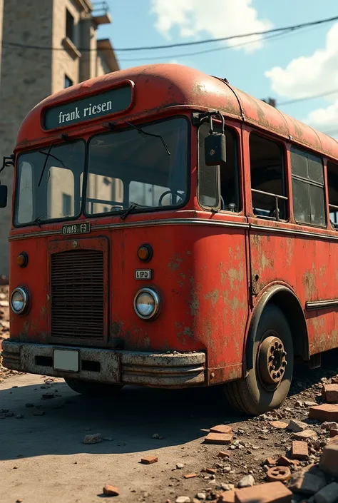 An old red dirty bus with the inscription "Frank Riesen" had an accident