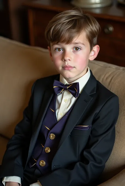 Photograph of a seven year old boy sitting on the couch with brown blonde hair......., brown eyes, white skin, The boy was wearing a tuxedo and a blue-violet tie with gold stripes and a beige shirt............ 