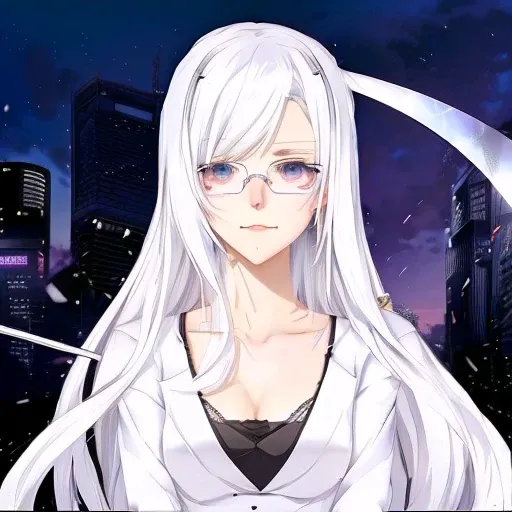 anime girl with long white hair and glasses holding a sword, white haired deity, perfect white haired girl, yoko taro, girl with white hair, white-haired, white haired lady, white haired, shiro from deadman wonderland, one girl has white hair, silver hair ...