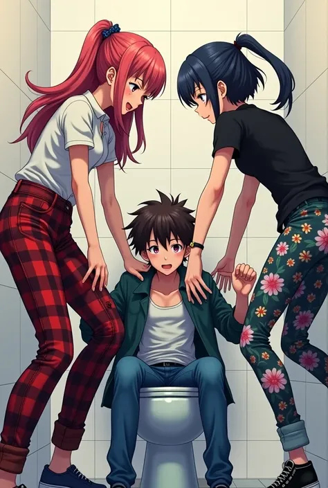 Anime teenage Girl in red Plaid pants and button up Short sleeve shirt and a Girl In Floral Pants and black short sleeve shirt forces a boy in jeans and a jacket down a toilet 