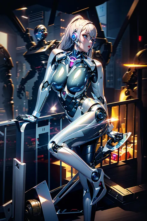 Super Detail, High Detail, high quality, best quality, High resolution，a female robot，Beautiful female robot,Female RoboCop,beautiful clear face(Translucent goggles cover eyes)，mechanical body(whole body machinery，body curve，Large size chest)，Mechanical ar...