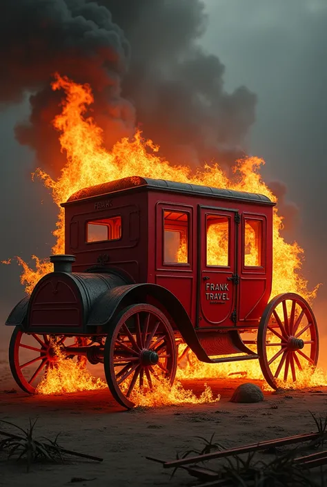 An old red coach with the inscription "Frank Travel" burns