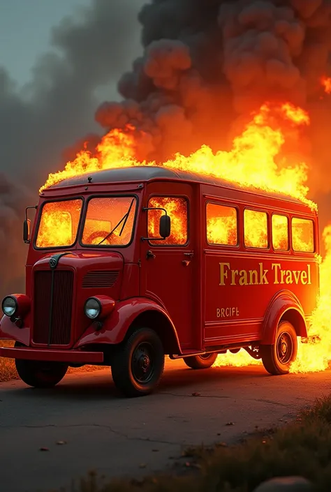 A red coach with the inscription "Frank Travel" burns