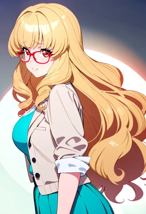 masterpiece, best quality, perfect lighting, high resolution, 1 girl, long hair, curly hair, blonde hair, red glasses, hazel eyes, nerd, unpopular girl, loser, white inner dress-shirt with beige cotton jacket over it, long teal skirt, plain and casual atti...