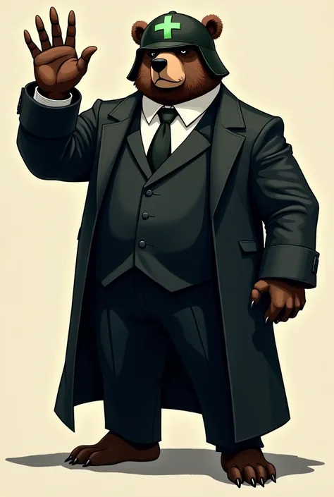 An imposing bear in a black suit wearing a helmet with a green cross in an illustrative style waving goodbye with his hand raised