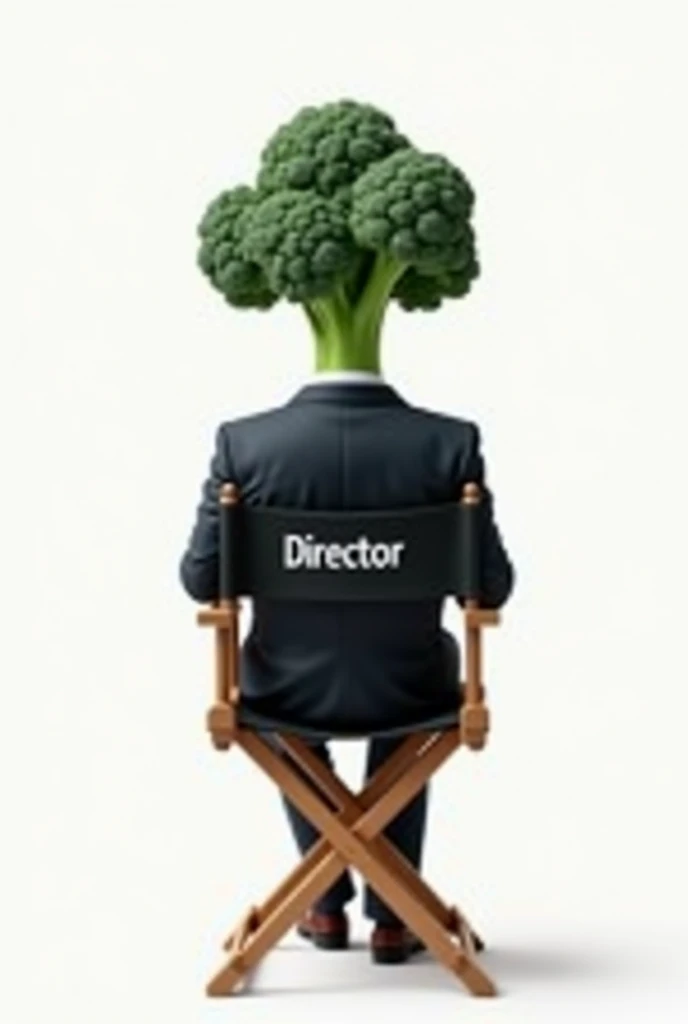 broccoli as a film director wearing suit sitting on directors chair where named director on the back with a white back ground and its viewed from back and cant see the face 

