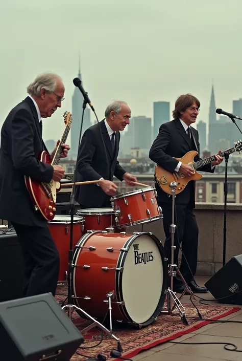 the elderly beatles in 2024 playing on the rooftop ringo on drums 