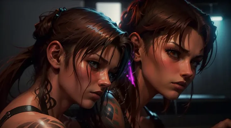 Revy from black lagoon, neon lights, The artwork is rendered in an edgy and realistic style, with high attention to detail and sharp focus. The colors are vivid and contrasted, with a slight desaturation to create a moody atmosphere. shadowy highlights enh...