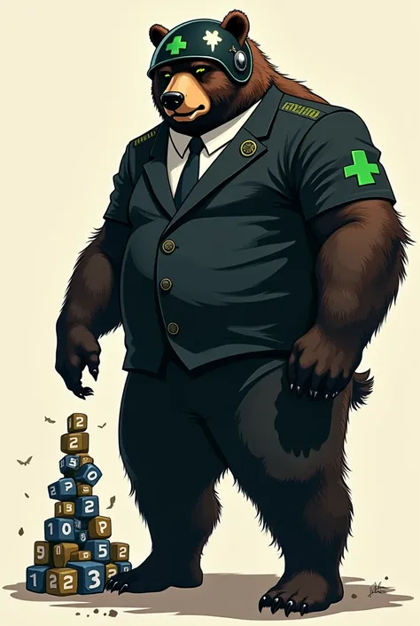 An imposing bear in a black suit wearing a helmet with a green cross in an illustrative style stacking numbers