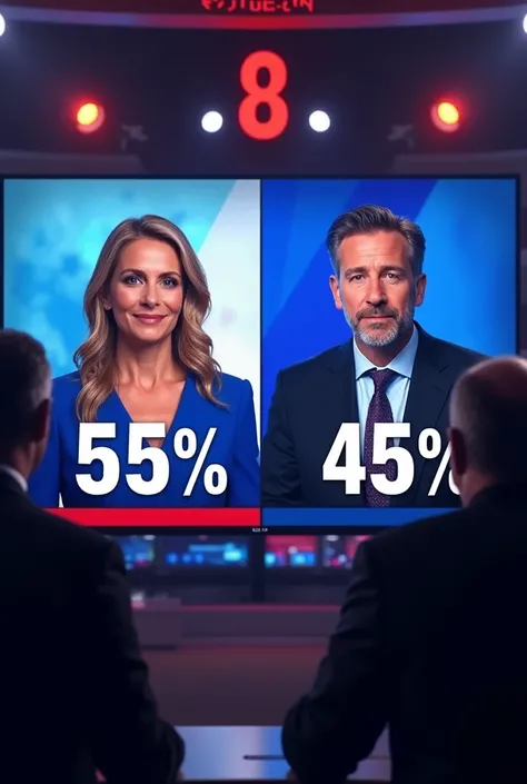 An intense election night scene, with a split screen showing two candidates and their projected vote percentages: one candidate with 55% and the other with 45%. The scene includes a large digital board in the background displaying the date October 8th, and...