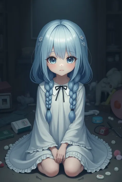 She is a child。I have blue eyes。The eyelashes are white。The hair is bluish white in color。Hairstyle is long hair、The braiding is done。She is wearing a white long sleeve dress。There is a ribbon on the body。It&#39;s a fleeting atmosphere.。Youre in a dark roo...