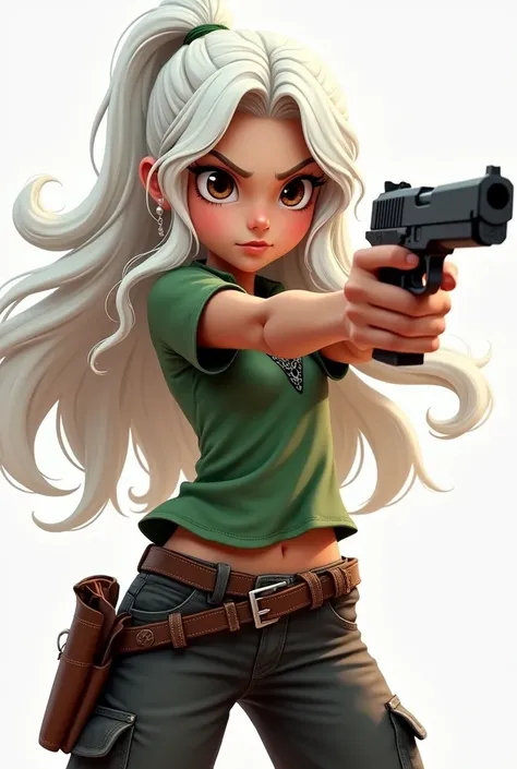 girl, white hair, long hair, wavy hair, holding up pistol, green bandana shirt, large black cargo pants; empty holster;
realistic cartoon;