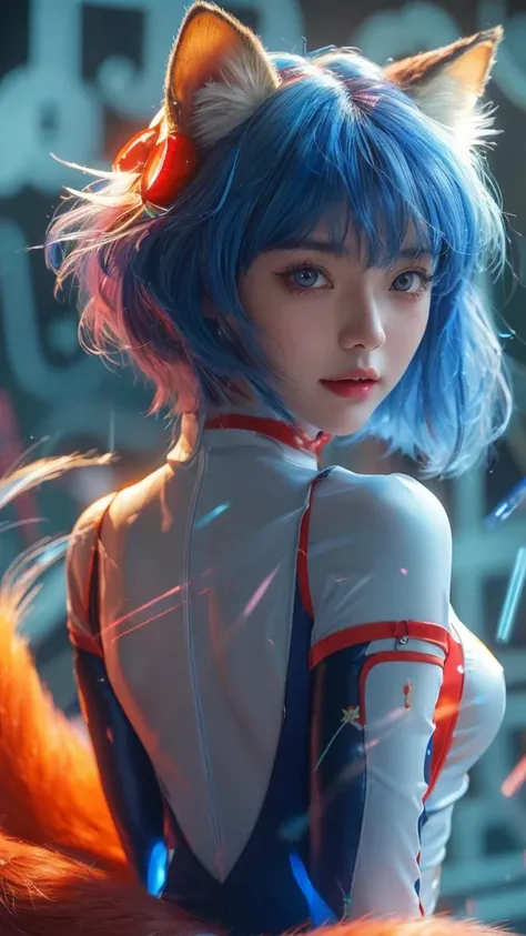 Realistic，Hyperrealism，Realistic photos，China，China女生，1 girl，Masterpiece Portrait of Smiling Rei Ayanami (fox demon), fox tail， Caustics, High resolution illustration, Red eyes, feminine,, blue hair,,  Shadow flat illustration, The art of math, Popular top...