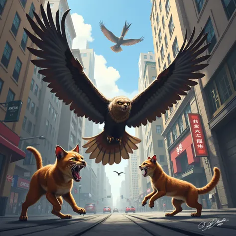 Cats Fight Big Birds in the City