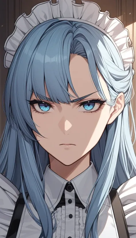 Ultra detailed, detailed face, detailed eyes. ((((One maid girl)))), (((kind))), (((attractive))), ideal face, long hair, light blue eyes, light blue hair, serious face, (((mature face))). Home