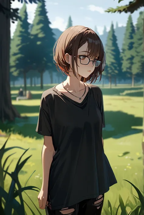 Punk girl with glasses and a black shirt, Blurred green grass and trees in the background々, Short brown hair, Detailed face, high quality, High resolution