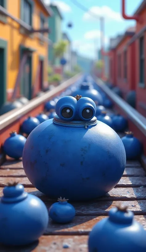 Big blueberries on a cartoon conveyor belt，close up