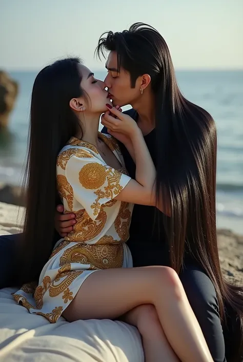 Romantic couple, a chinese woman, furrowed eyebrows, closing eyes, open mouth, face facing upwards, in (Versace Barocco) shirt, black and gold.((natural big breast, show plump body)) behind her there is a young korean man hugging her. Young man is sucking ...