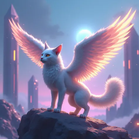 A cat with wings, a bird in a futuristic form, with an aura around it.