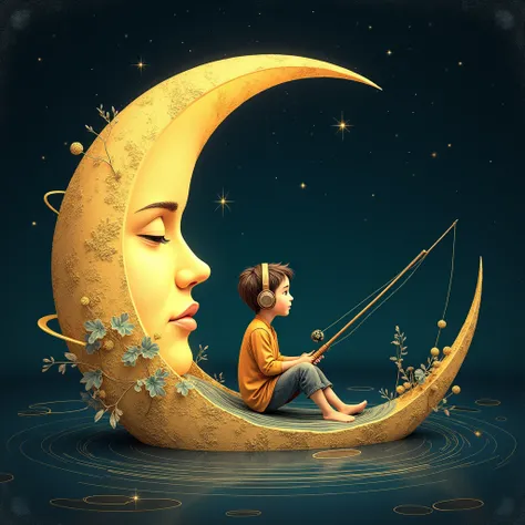 Generate an image depicting a gilded crescent moon, while its bright center symbolizes the resilient spirit within her. Nestled within the moons curve is a miniature screen, A boy is fishing, wearing headphones and listening to music while fishing, his leg...