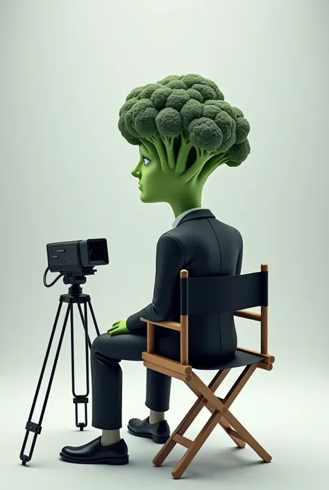 broccoli as a film director wearing suit sitting on directors chair and film camera beside him viewed from back with a white and grey back ground and its viewed from back and cant see the face 

