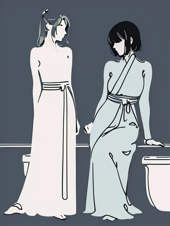 Minimalist images, minimalist art, minimalism, minimalist art that achieves more with less, (two women posing naked in a bathroom, drawn with simple lines two girls, cute girls, two Japanese schoolgirls, small breasts, boobs), beautiful girls, small breast...