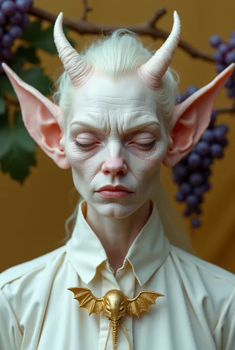 a close-up of a woman in profile,albino bat-like tie, rosy skin , very wrinkled large rough ears front tufts of wavy white hair, golden accessories,short grey nails,wrinkled hands ,Eyes closed,  pronounced cheekbones ,Frowning brow, elongated chin,whitish ...