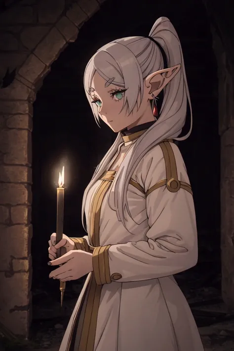 1girl,solo,elf,white hair,grey hair,earrings,pointy ears,long hair,ponytail,green eyes,twintails,parted bangs,thick eyebrows, strolling through an abandoned castle. the dim light of a torch in his hand. devastation