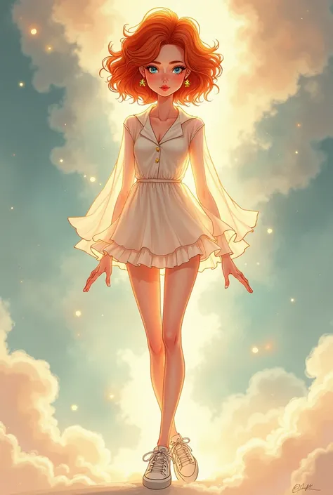 https://www. facebook. com/photo/? fbid=291658264812228&set=pob. 100019041703733 simple cartoon heavenly redhead, short curly hair, in a transparent dress, shirt-type shirt, long legs, white sneakers with gold, expressive beautiful look, face glowing from ...