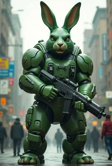 big green 2 rabit .he s body army body and holding a   gan hand .and in the city on the rood. peepel are seen him. they are affreid . 4d image. 