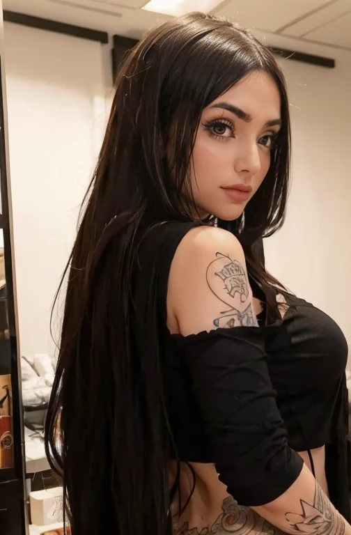 a young girl, dark hair, Straight hair, pale skin, HOT, tattooed, oversized gothic clothing, cropped, delicious ass.