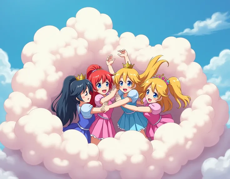 An anime-style illustration depicting many princesses playfully wrestling with each other inside a pink comical fight cloud (fairytale cloud).
each princess has different  colored hair.
their faces,hands,and feet are visible emerging from the cloud as they...