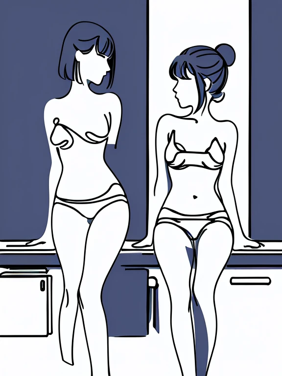 Minimalist images, minimalist art, minimalism, minimalist art that achieves more with less, (two women posing in underwear in a bathroom, tdrawn with simple lineswo girls, cute girls, two Japanese schoolgirls, small breasts, boobs), beautiful girls, small ...