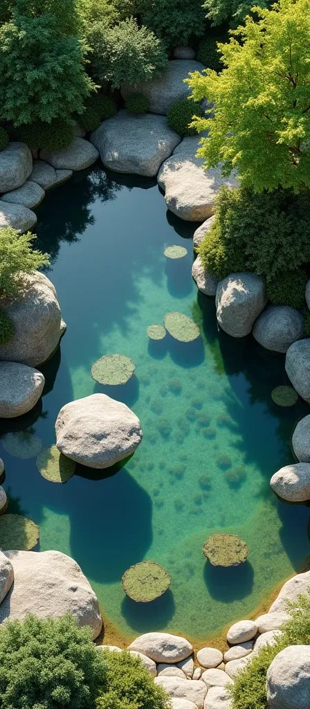 (masterpiece:1.2,Highest quality,Ultra-high resolution,Very detailed,Realistic,Ultra-high resolutionのカメラ),8k,wallpaper,(Photographing the pond from above),(Detailed depiction of the pond bottom without surface reflections.:2.0),sunny,Japanese garden,Serene...